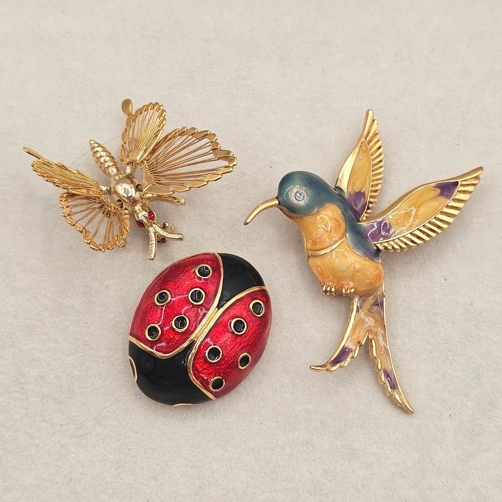 Vintage Rhinestone Enamel Brooch Lot Butterfly Hummingbird Ladybug Gold Tone